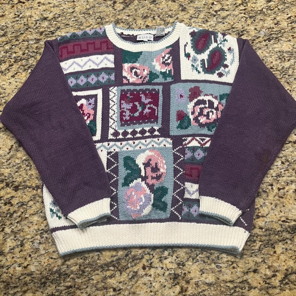 Vintage Russ Floral Patchwork Knit Sweater Womens Medium Purple Ramie Cotton 90s